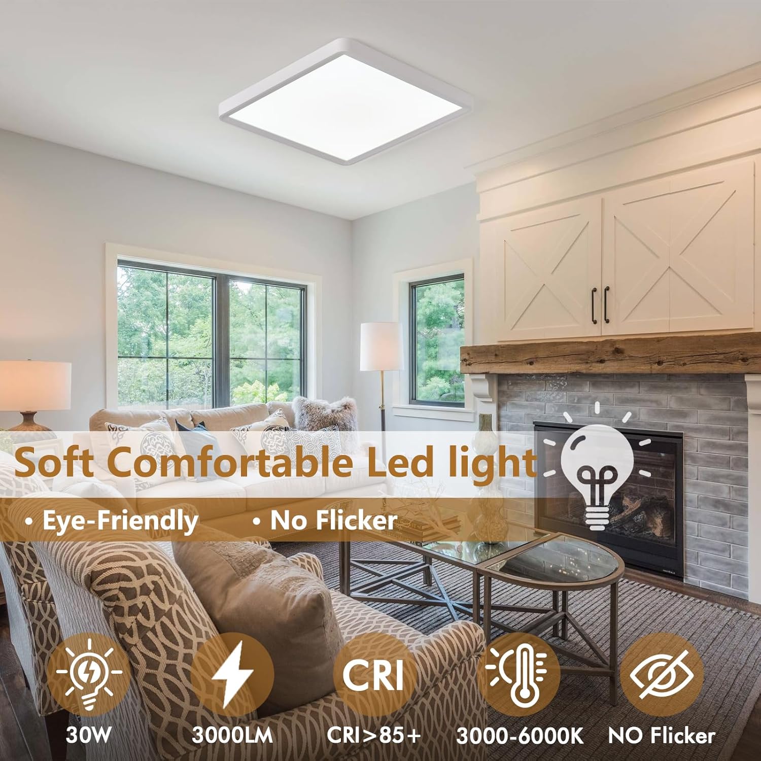 12 Inch Square LED Flush Mount Ceiling Light, 30W, 3000LM Square Light Fixture 3000K/4000K/6000K CCT Selectable, LED Flat Panel Ceiling Light Fixture for Bedroom,Kitchen,Living Room (2PK-White)