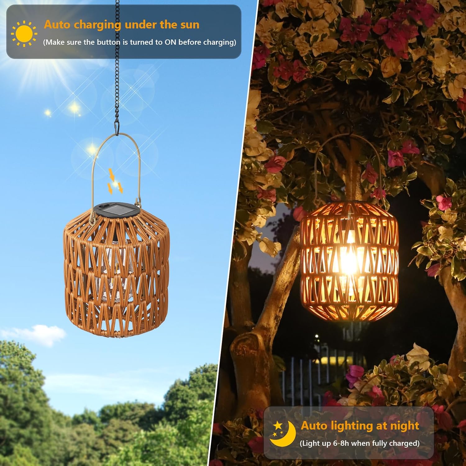 2 Pack Solar Lanterns Outdoor Waterproof, Rattan Solar Lights for Yard, Outdoor Garden Lights, Hanging Lanterns Decorative Birthday Gifts for Mom Grandma, Outdoor Lanterns for Porch, Patio, Pathway